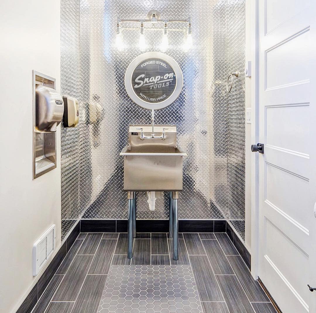 garage bathroom silver feature wall tile floor sink